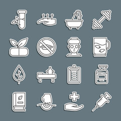 Set line Syringe, Bottle of liquid soap, Cup tea and leaf, Bathtub, Food no diet, Medical pill with plant, Laboratory glass leaves and Facial cosmetic mask icon. Vector