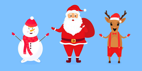 Christmas deer, Santa Claus and snowman vector illustration