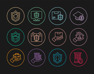 Set line Fire in burning house, House insurance, Delivery security with shield, Calendar, Piggy bank, and Location icon. Vector