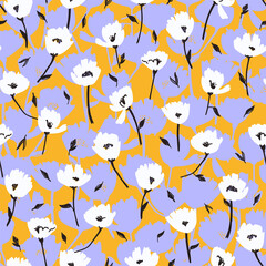 Cute seamless floral pattern. Trendy hand drawn digital illustration of white flower with stem and leaves repeating on orange background. Wrapping paper, fabric, surface design