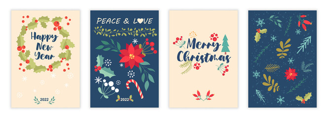 Fototapeta premium Set of cute bold Merry Christmas greeting cards on colorful background. Universal trendy art templates for winter holidays celebration. Flat cartoon vector illustration