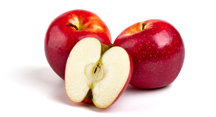 Shiny Red ripe apples, isolated on white background. Fresh raw organic fruits.