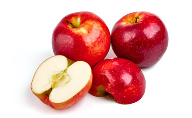 Naklejka na ściany i meble Shiny Red ripe apples, isolated on white background. Fresh raw organic fruits.