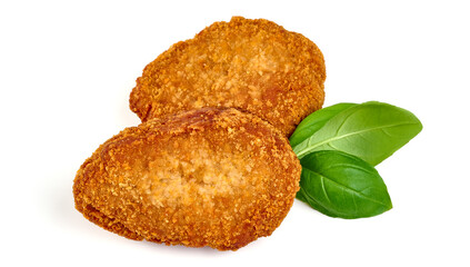 Fried cutlets in bread crumbs, Isolated on white background.