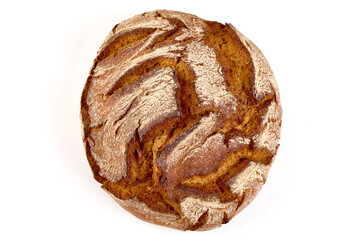 Freshly Baked Homemade rye round Bread, close-up, isolated on a white background.