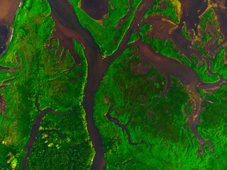 Green and brown river delta from above