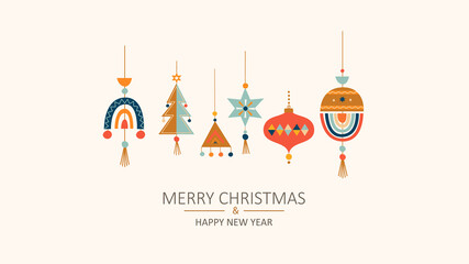 Fototapeta na wymiar Merry Christmas greeting card with toys in Scandinavian style. Hand drawn christmas baubles. Xmas isolated cozy decor elements. Template for invitation,wishing,design. Set2. Vector illustration.