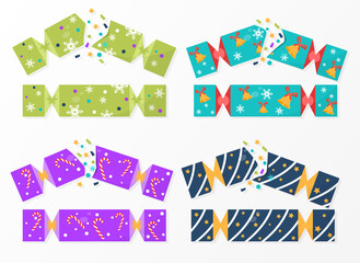 Set of colorful christmas cracker wrappings on white background. Collection of cute cracker templates full of colorful confetti inside. Flat cartoon vector illustration
