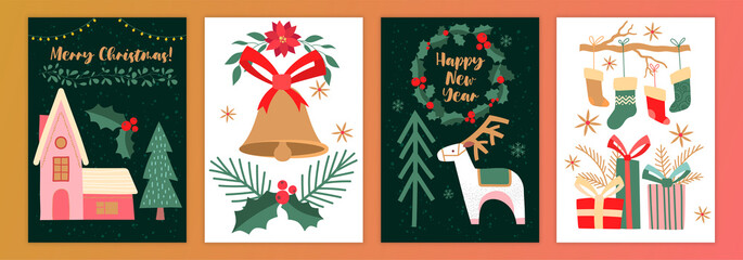 Set of christmas new year winter holiday greeting cards on black and white background. Xmas decoration. Abstract christmas trendy templates in hand drawn style. Flat cartoon vector illustration
