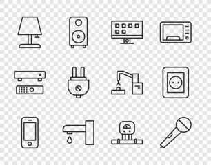 Set line Smartphone, Microphone, Tv, Water tap, Table lamp, Electric plug, sensor and Electrical outlet icon. Vector