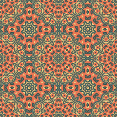 Vector seamless background. Endless colorful texture with doodle elements. Use for wallpaper, textile, book cover, clothes. In green and orange colors