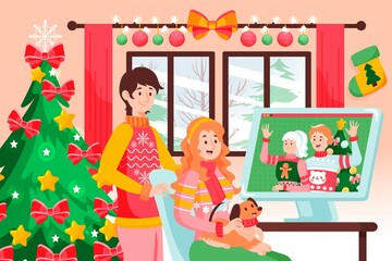 christmas family videocall vector design illustration