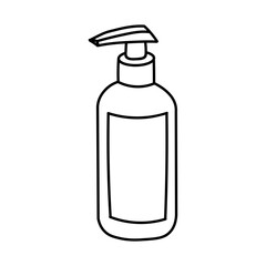 Cosmetic bottle. Black simple line soap dispenser. Sanitizer line art. Hand drawn icon. Virus and bacteria prevention. Vector illustration in doodle style isolated on white background.