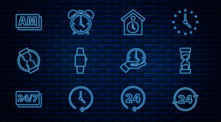 Set line Clock 24 hours, Old hourglass, Retro wall watch, Smartwatch, AM, and Alarm clock icon. Vector