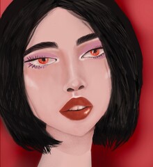 asian young girl with bob, red lips and eyes on red background
