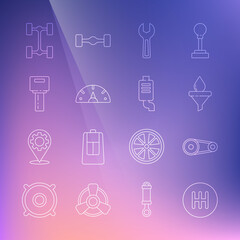 Set line Gear shifter, Timing belt kit, Funnel and oil drop, Wrench spanner, Speedometer, Car key with remote, Chassis car and muffler icon. Vector