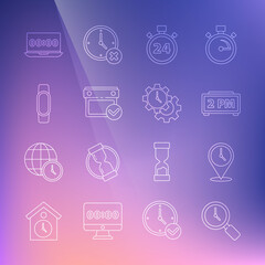 Set line Magnifying glass with clock, Location, Digital alarm, Stopwatch 24 hours, Calendar check mark, Smartwatch, Clock laptop and Time Management icon. Vector