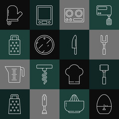 Set line Kitchen timer, hammer, Barbecue fork, Gas stove, Cutting board, Grater, Oven glove and Knife icon. Vector