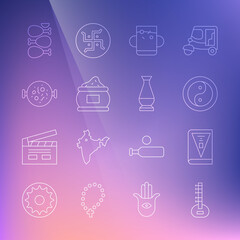 Set line Sitar, India constitution day, Yin Yang, Cup of tea and leaf, Indian spice, Chicken tikka masala, Tandoori chicken and vase icon. Vector