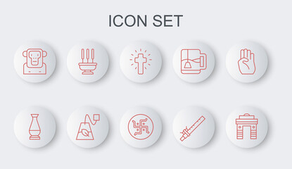 Set line India Gate in Delhi, Indian vase, Christian cross, Bamboo flute indian, Monkey, Incense sticks, Tea bag and Hindu swastika icon. Vector