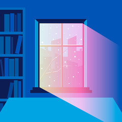 Card window new year winter room