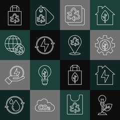 Set line Light bulb with leaf, House and lightning, Leaf plant gear machine, Recycle, Lightning bolt, Planet earth recycling, Paper bag recycle and icon. Vector