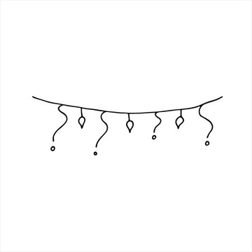 Doodle garland with lights. A painted garland with lights. Christmas lights are isolated design elements. Christmas glowing lights. Garland decoration. Image on a white background.  