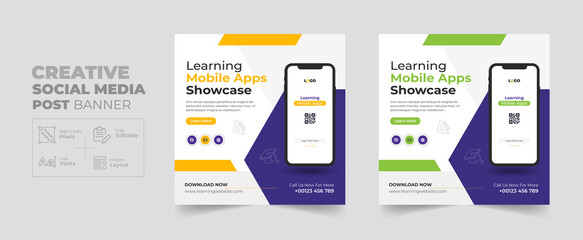 Education Mobile apps promotion social media post and web banner template, Corporate Business kid School advertisement cover banner design layout	