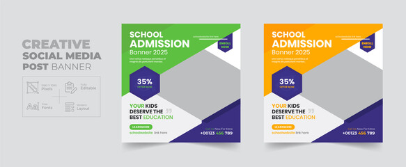 School education admission social media post banner & back to school web banner template, creative layout