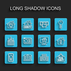 Set line Online real estate house, House, with shield, Hanging sign For Rent, dollar symbol and Location icon. Vector