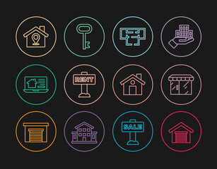 Set line Garage, Market store, House plan, Hanging sign with Rent, Online real estate house, Location, and key icon. Vector