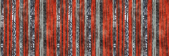 Seamless tribal ethnic stripe grungy border surface pattern design for print. High quality illustration. Faded rug or carpet like cover graphic tile. Thick lines filled with interesting geo textures.