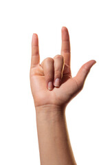 Female hand showing love or rock sign. Isolated on white background. Gestures or sign language. Rock and roll.