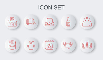 Set line Wheat, Metal beer keg, Cold can, Beer helmet, Store building of shop, Wooden barrel on rack, bottles ice bucket and Saint Patricks day calendar icon. Vector