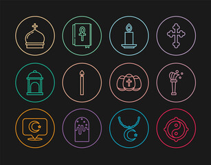 Set line Yin Yang, Aspergillum, Burning candle, Muslim Mosque, Church tower, Easter egg and Cross ankh book icon. Vector