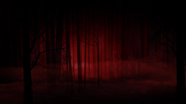 Haunted Red Forest with Bats and Skeleton 4K Background features a forest with a red atmosphere with bats flying and a skeleton walking across the scene in a loop.