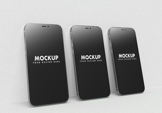 3 Smartphones on a Flat White Texture Wall Floor