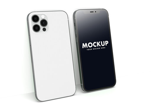 Front and Back Smartphone on a Clean Flat White Wall Background