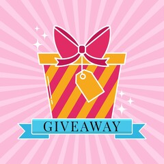 Giveaway  poster template design for social media post or website banner. Gift box on pink  striped background. Win a prize giveaway.
Advertising promo symbol. Vector illustartion. 