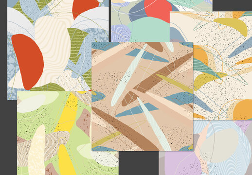 Seamless Pattern Set with Organic Grunge Textured Overlapping Oval Wavy Shapes and Lines
