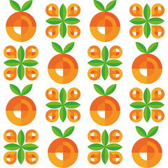 Orange background with abstract geometric simbols of fruit, leaf, juice drop. Orange juice, vitamin c fruit. Texture, ornament, seamless pattern for packaging, wrapping paper, textile, fabric