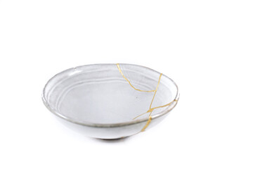 Antique Japanese Kintsugi, light grey Kintsugi bowl restored with gold cracks. Wabisabi pottery