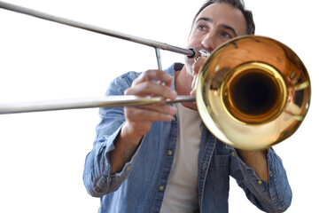 Detail of man playing trombone with white isolated background
