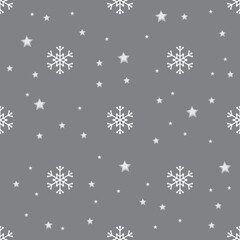 Fototapeta na wymiar Seamless pattern with white snowflakes and stars on grey background. Festive winter traditional decoration for New Year, Christmas, holidays and design. Ornament of simple line