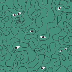 Abstract linear background seamless pattern with cute scary faces. Vector illustration.