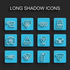 Set line Fish skeleton, Dog, Retractable cord leash, Pet shampoo, Cat nose, collar, food bowl and icon. Vector