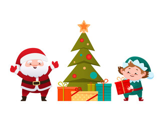 Cute Santa Claus and little elf near the Christmas tree unwrapping presents. Flat cartoon style vector illustration ,white background