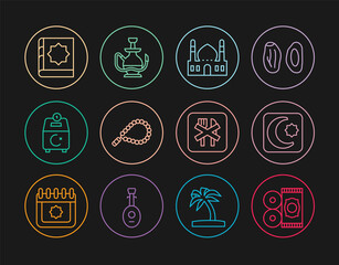 Set line Traditional carpet, Star and crescent, Muslim Mosque, Rosary beads religion, Donate or pay your zakat, Holy book of Koran, Ramadan fasting and Hookah icon. Vector