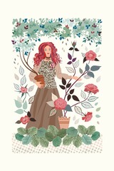 A lady with blue eyes and pinky purple curly hair in her indoor garden with coral roses and other lush plants. The design is showcases the beauty of plant characteristics with an illustrative style.