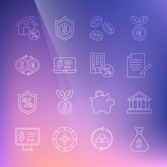 Set line Money bag, Bank building, Document and pen, Coin money with dollar, Laptop, exchange, House percant discount and icon. Vector